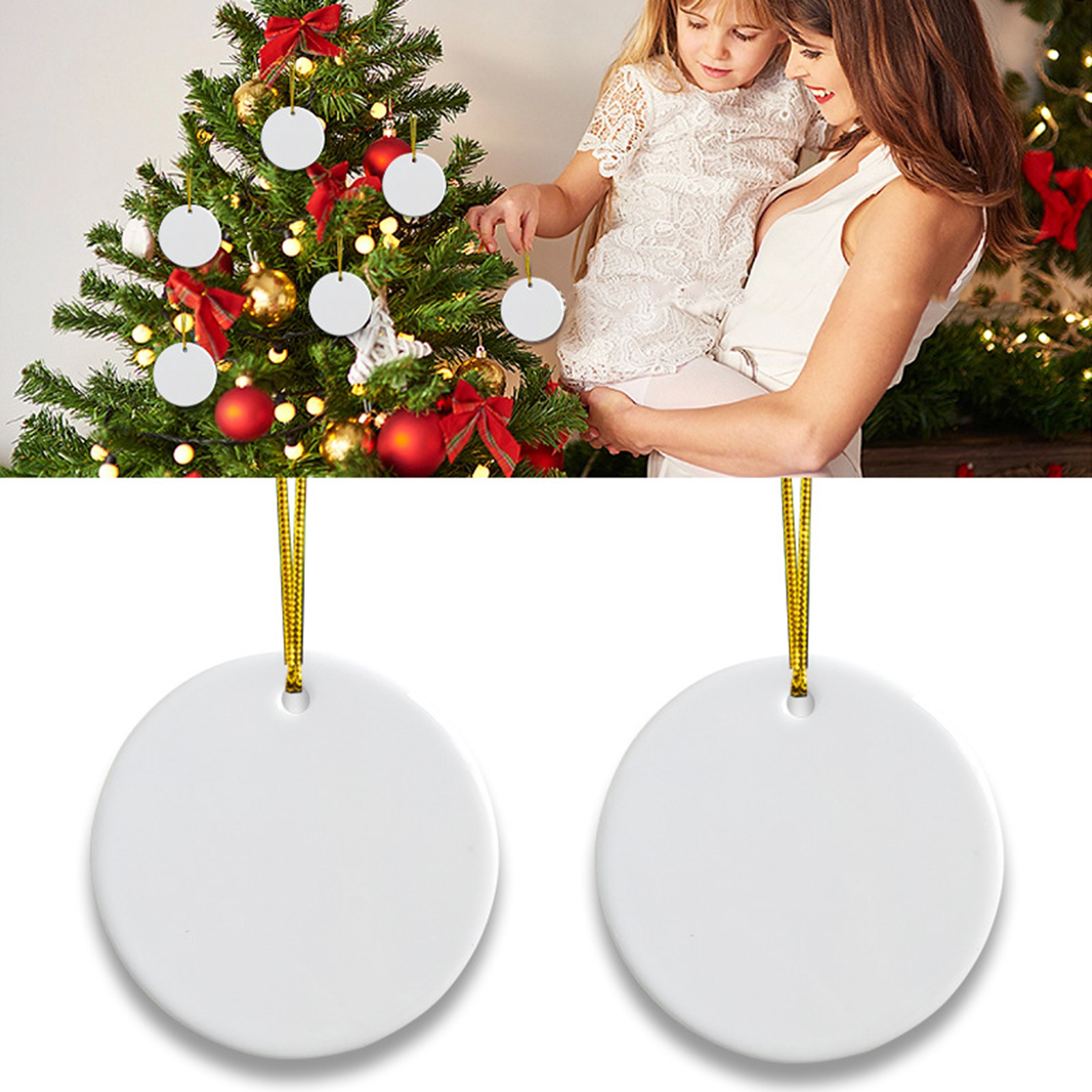 D-groee 1 Set Sublimation Ceramic Ornament Bulk White 2.87 inch Round Blank Ornament with Gold String for Crafting DIY Personalized Christmas Home